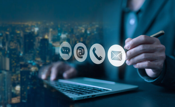 using the laptop to show the icon ( address, phone, email, call ) to contact customer support. help from mail websites digital technology of business contact service. contact us a concept.